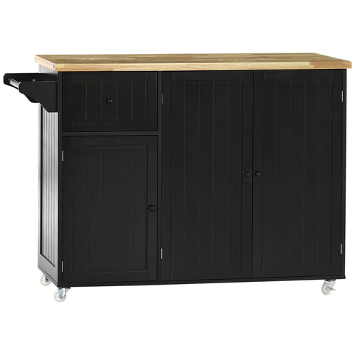 Rolling Kitchen Island on Wheels, Utility Serving Cart with Rubber Wood Top, Towel Rack, Storage Cabinets and Drawer, Black