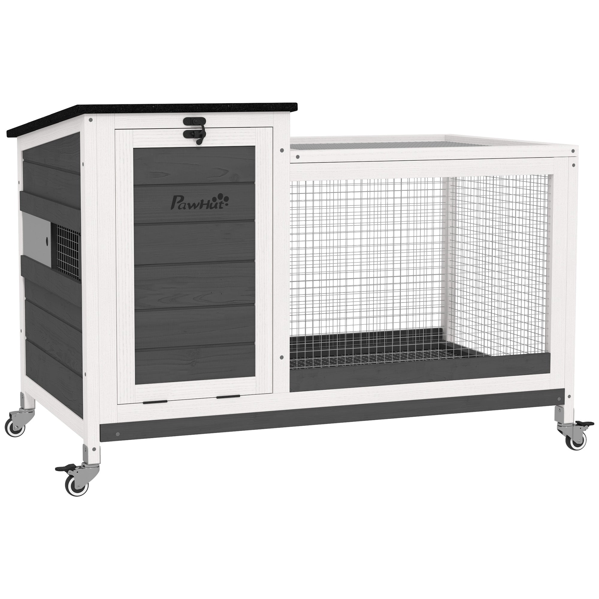 Wooden Rabbit Hutch with Pull-Out Tray, Asphalt Openable Roof, Small Animal Cage on Wheels with Run, Grey Rabbit Hutch Dark Grey, White, Black at Gallery Canada