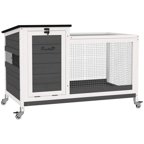 Wooden Rabbit Hutch with Pull-Out Tray, Asphalt Openable Roof, Small Animal Cage on Wheels with Run, Grey