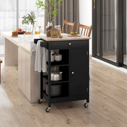 Modern Rolling Kitchen Island Cart with Drawer, Natural Wood Top, Towel Rack, Door Storage Cabinet, Black Kitchen Islands & Kitchen Carts Multi Colour  at Gallery Canada