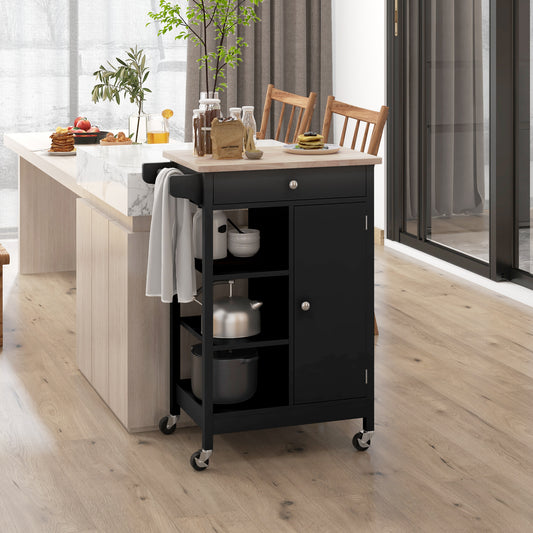 Modern Rolling Kitchen Island Cart with Drawer, Natural Wood Top, Towel Rack, Door Storage Cabinet, Black Kitchen Islands & Kitchen Carts   at Gallery Canada