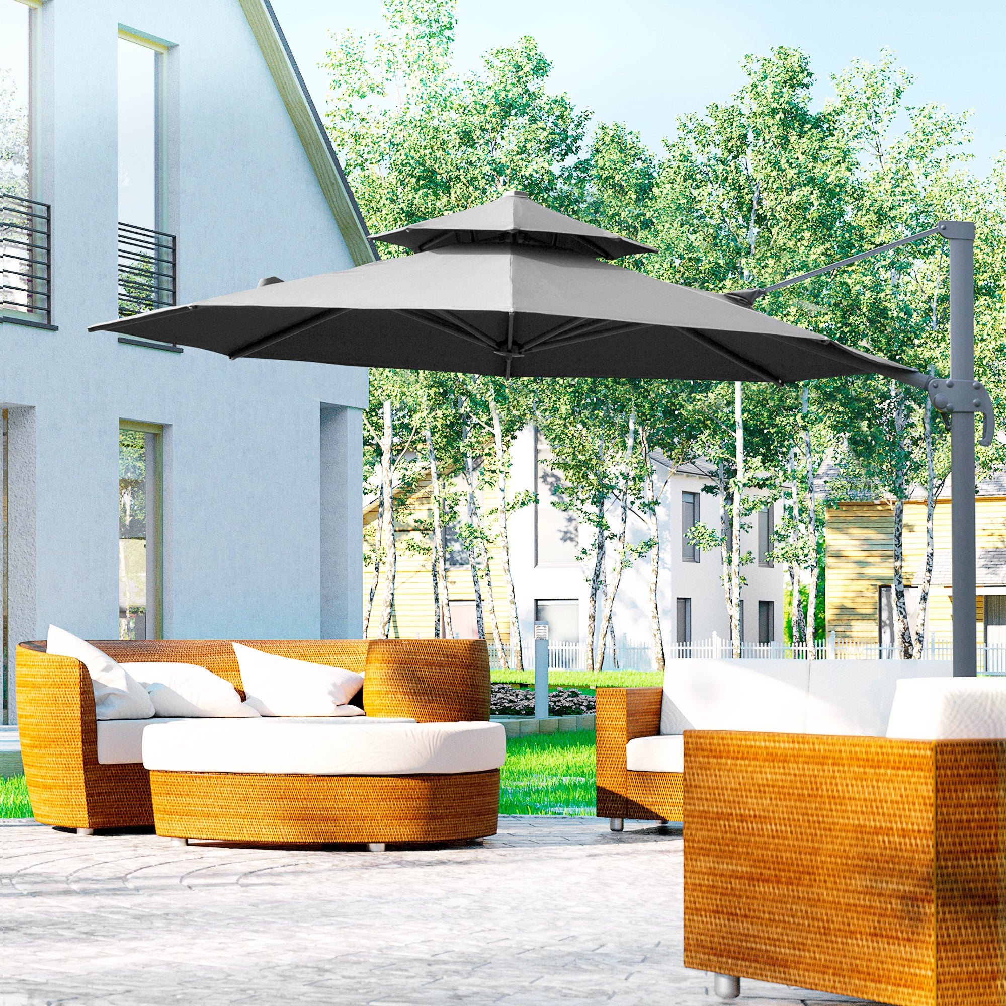 11ft Outdoor Cantilever Umbrella Rotatable Sun Shade Aluminum Market Umbrella with Adjustable Angle &; Double-top Canopy for Backyard, Poolside, Lawn and Garden Dark Grey Cantilever Umbrellas at Gallery Canada