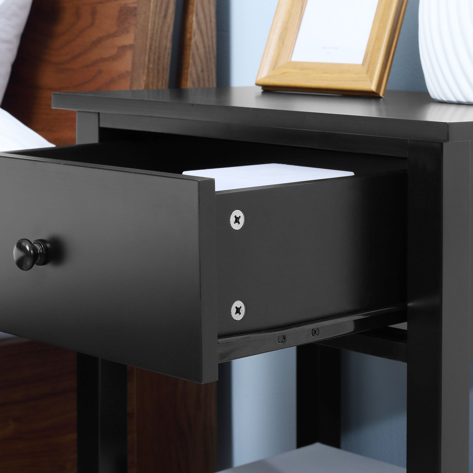 Modern Style Nightstand, Small End Table with Drawer and Storage Shelf for Bedroom, Living Room, Black Side Tables   at Gallery Canada