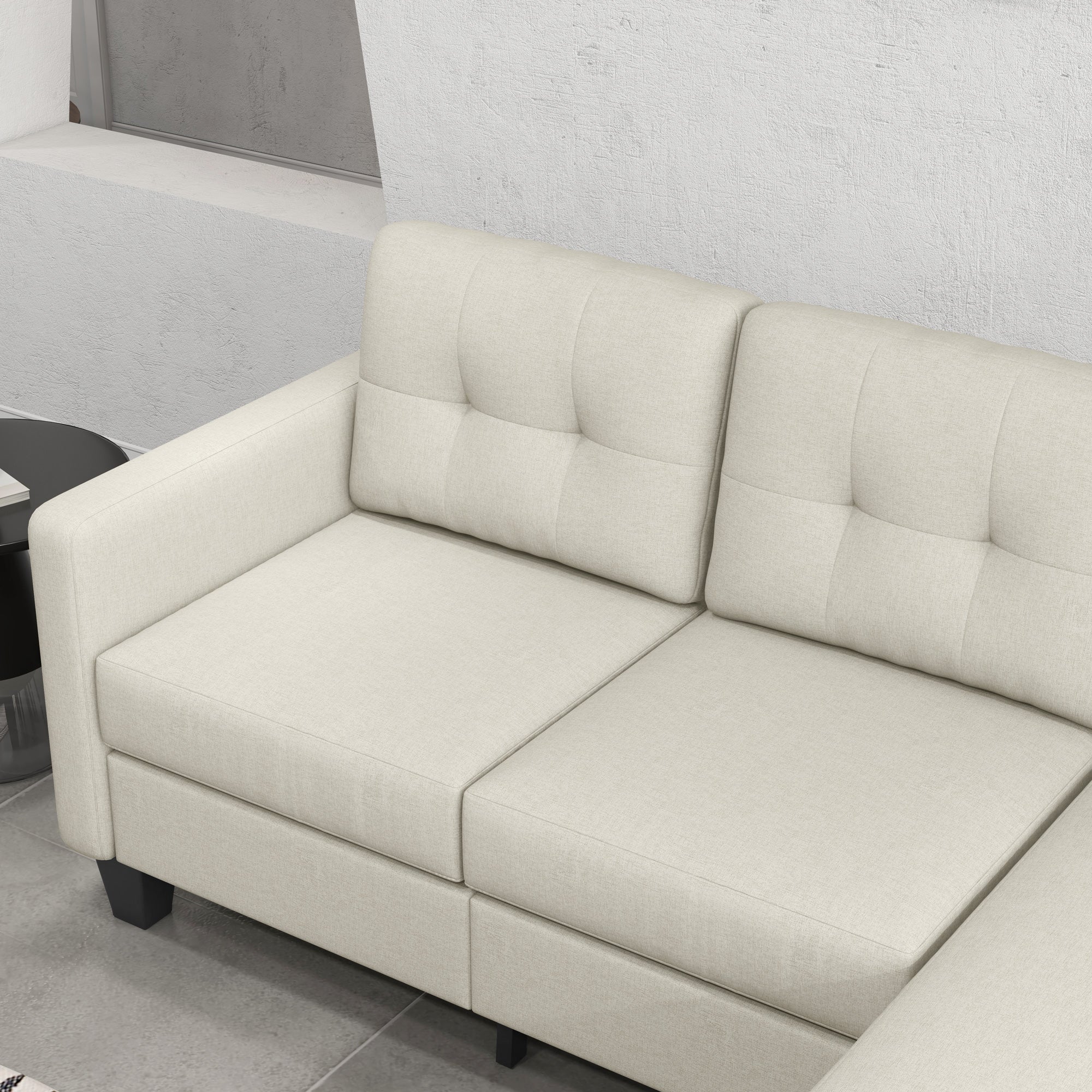 L-shaped Sofa, 3 Seater Sectional Couch with Ottoman, Corner Sofa with Thick Padded Cushion and Wood Legs, Beige 3-Seater Sofas at Gallery Canada