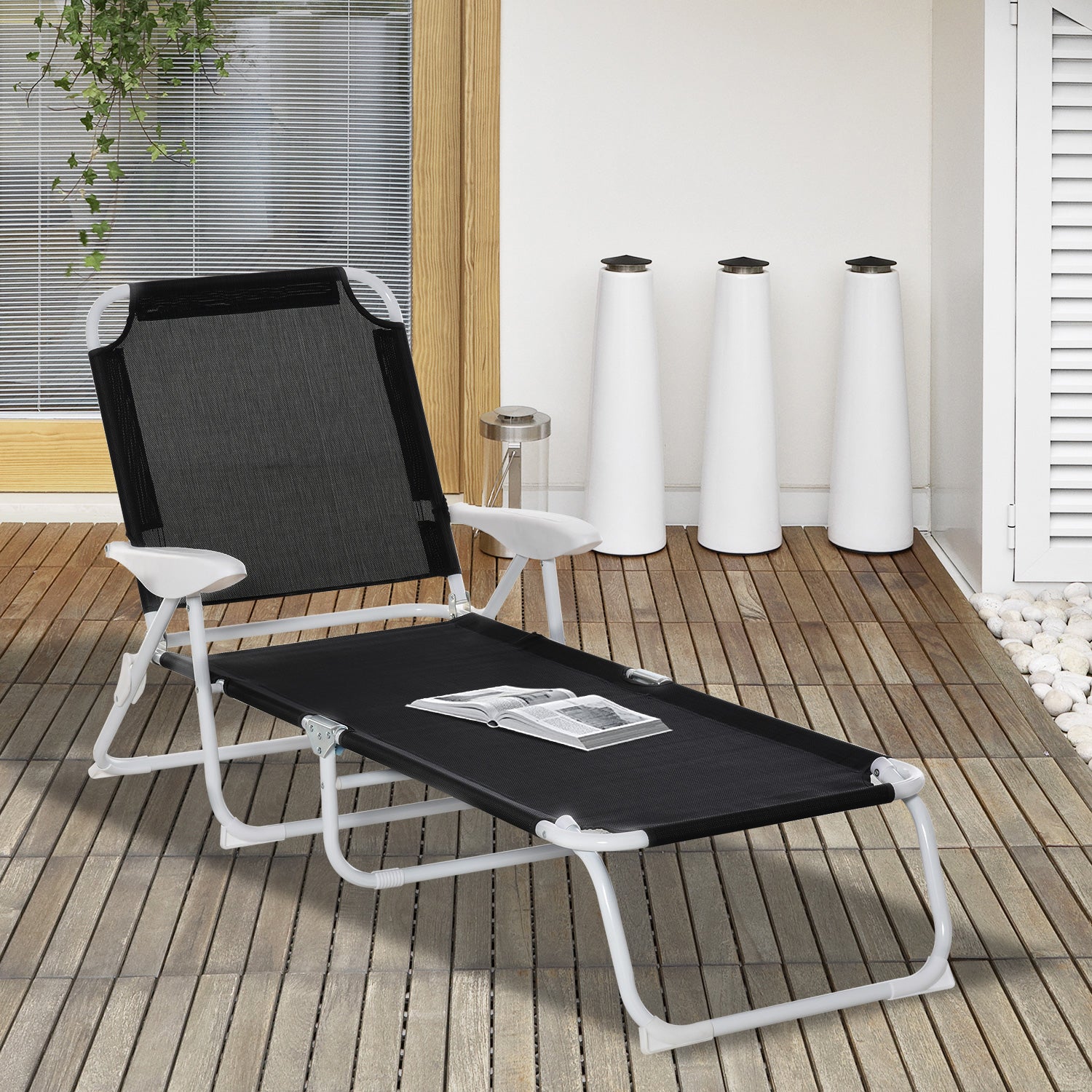 Outdoor Lounge Chair, Patio Garden Folding Chaise Lounge Sun Beach Reclining Tanning Chair with 4-Level Adjustable Backrest, Black Lounger Chairs   at Gallery Canada