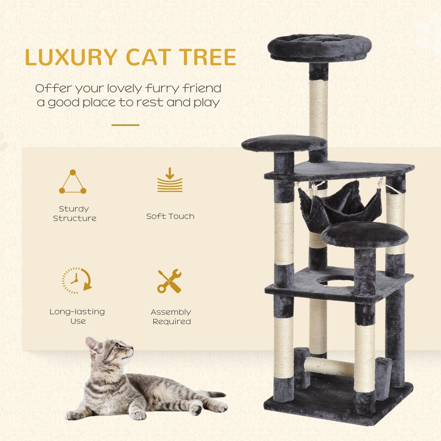 52" Multi-Level Cat Tree Tower, Kitten Scratcher Activity Center Play House with Hammock - Grey Cat Towers   at Gallery Canada