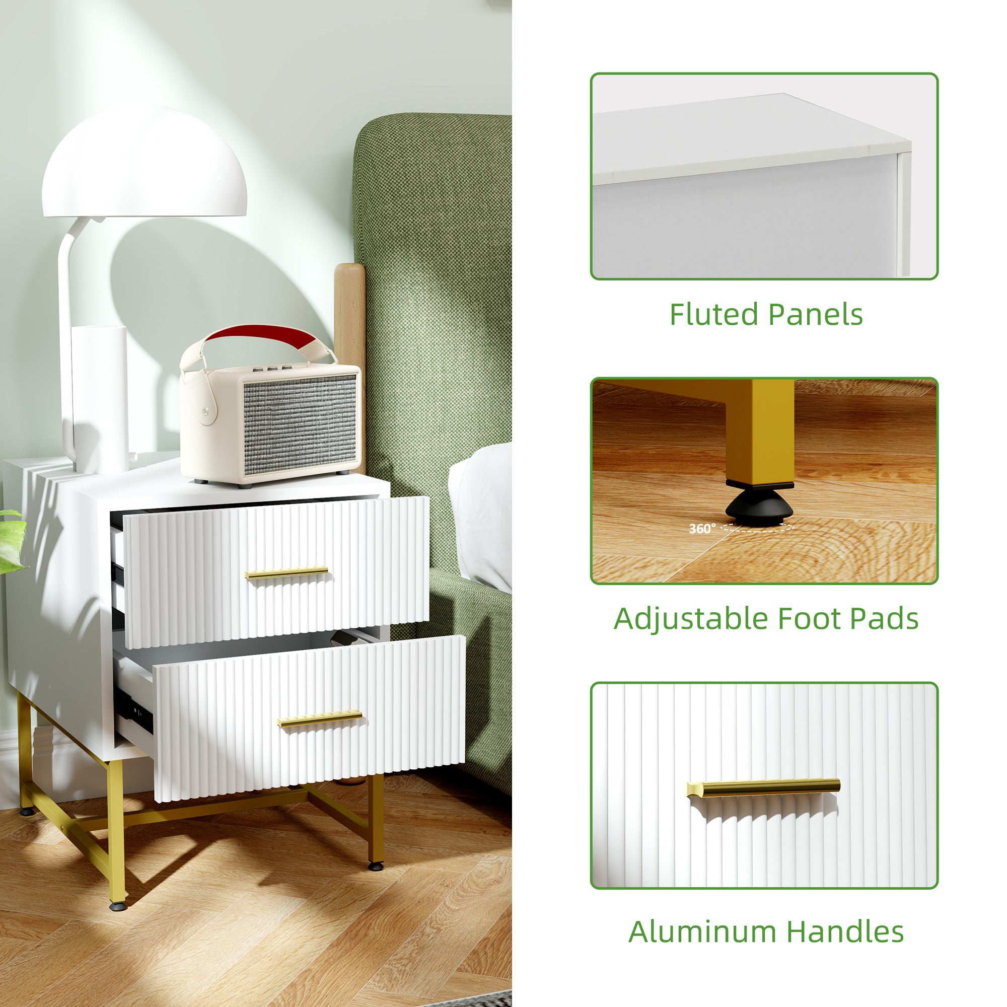 2 Pieces Nightstands with Storage, Modern Bedside Tables with 2 Fluted Drawers and Gold Legs for Bedroom, White Bedside Tables at Gallery Canada