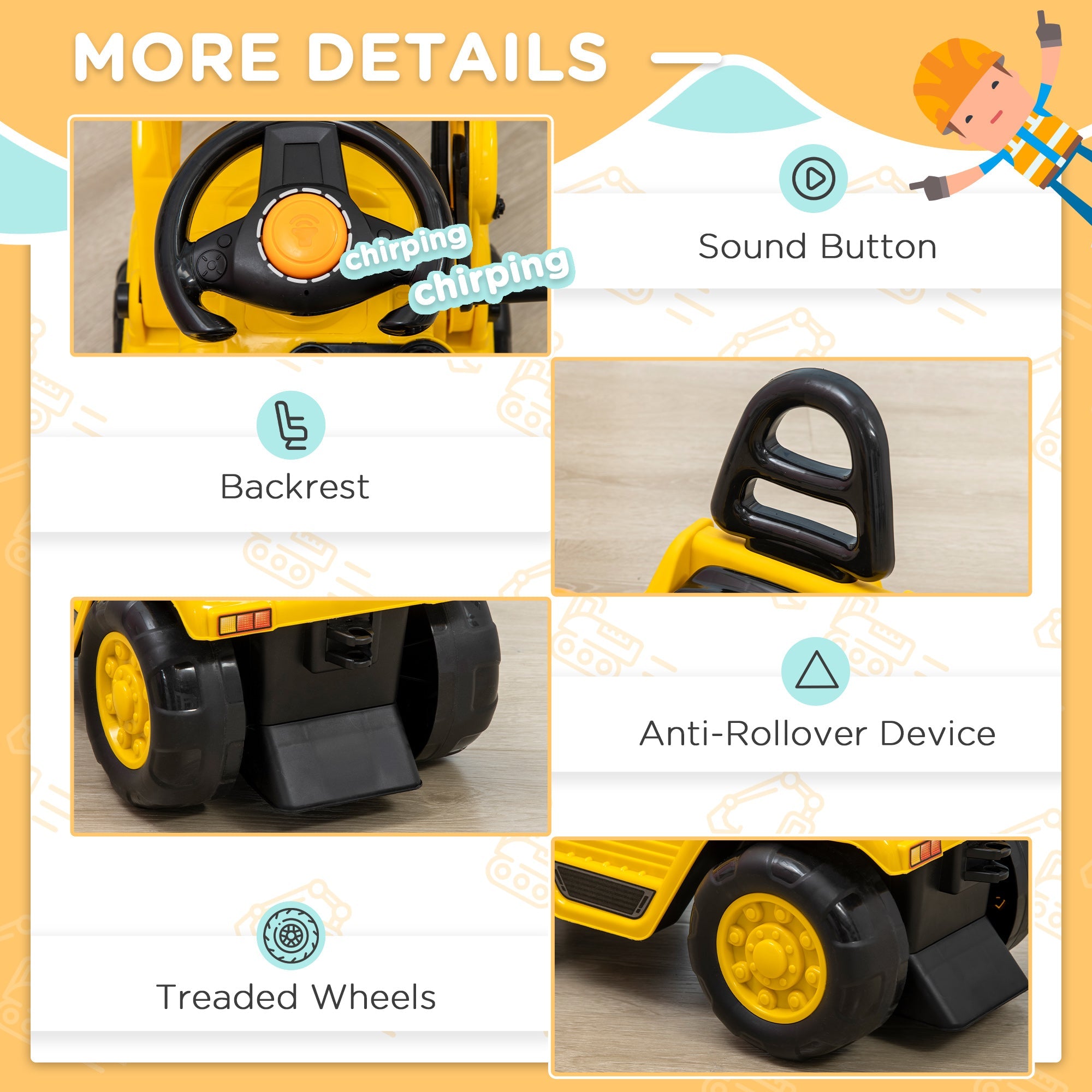 Ride On Excavator Toy No Power Digger with Realistic Sound Grabber Storage, for 3-4 Years Old, 32.7