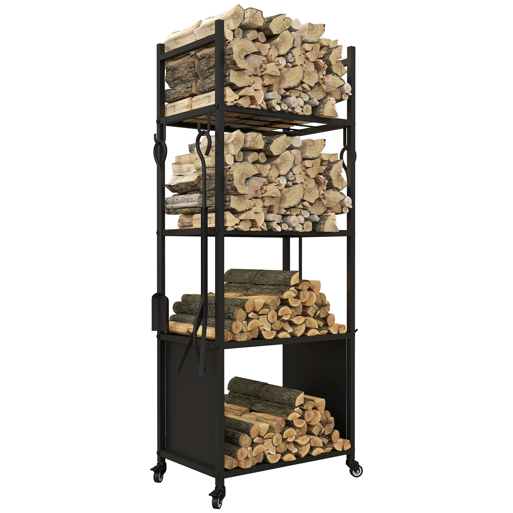 4-Tier Outdoor Indoor Firewood Rack with Wheels and 4 Tools, Powder-Coated Steel Wood Storage Rack Log Holder Firewood Racks at Gallery Canada