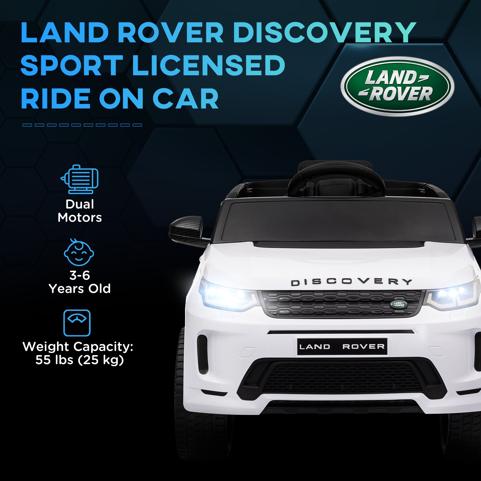 Land Rover Discovery Sport Licensed 12V Ride on Car w/ Remote, Soft Start, LED Lights, Music Horn, White Electric Toy Cars   at Gallery Canada