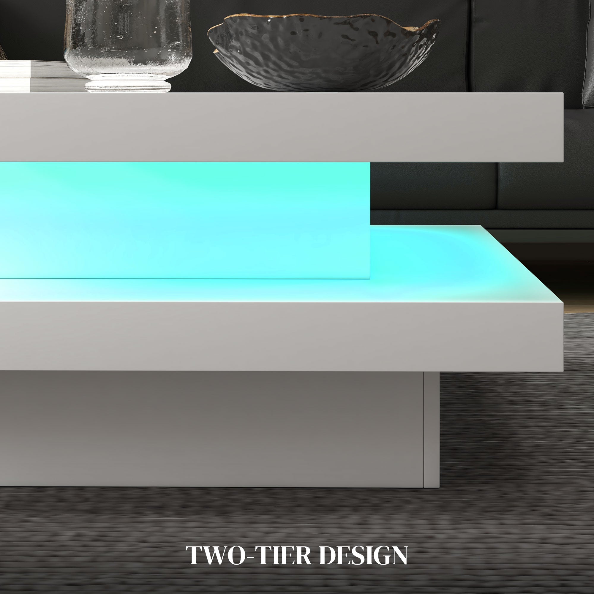 Square Coffee Table with 7 LED Lights and Remote, 2-Tier Modern Center Table for Living Room, White Coffee Tables   at Gallery Canada