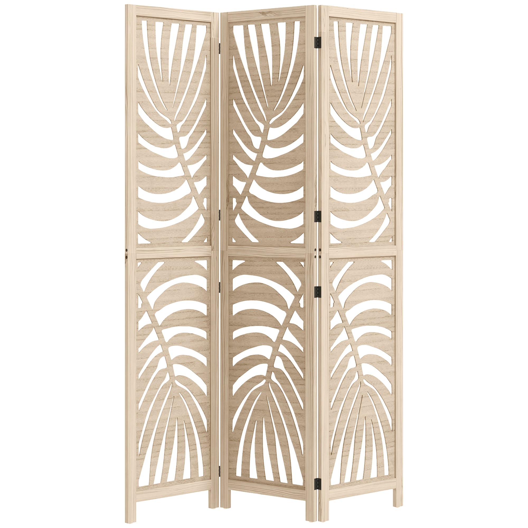 3 Panel Room Divider, Detachable Folding Privacy Screens with Palm Leaf Design for Home Office, Natural Wood Finish Room Dividers Natural at Gallery Canada