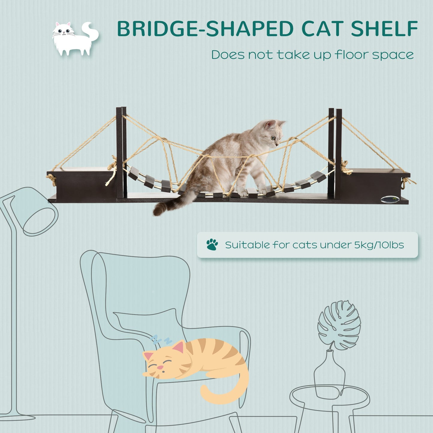 Wall-Mounted Cat Shelf，37.8" Long Bridge-Shaped Cat Wall Furniture Cat Tree, Kitten Activity Center, Coffee - Gallery Canada