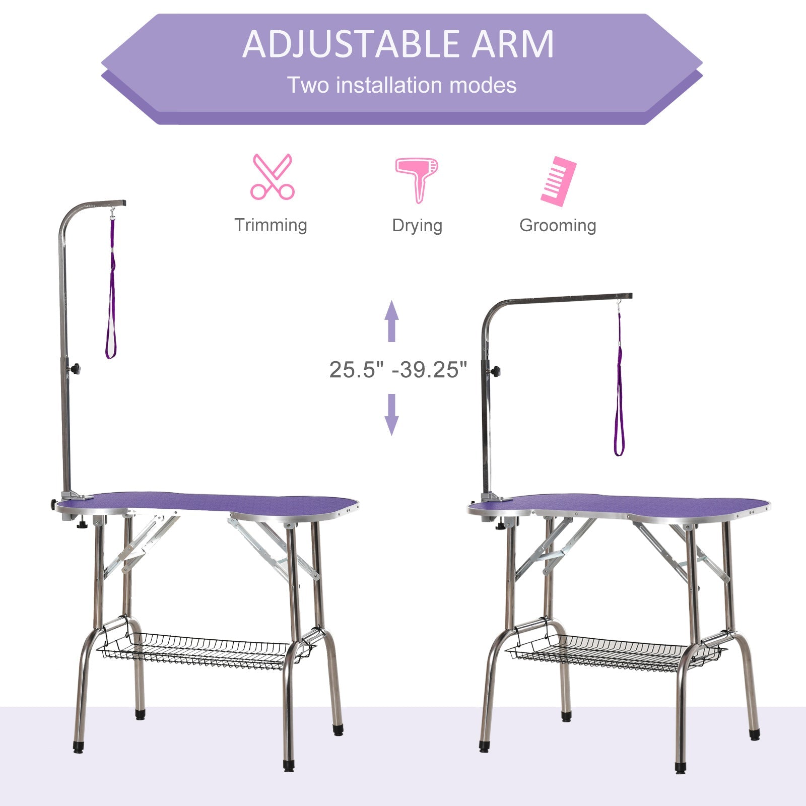 Foldable 37" Pet Grooming Table with Adjustable Arm and Non-Slip Top, Purple Dog Grooming Tables   at Gallery Canada