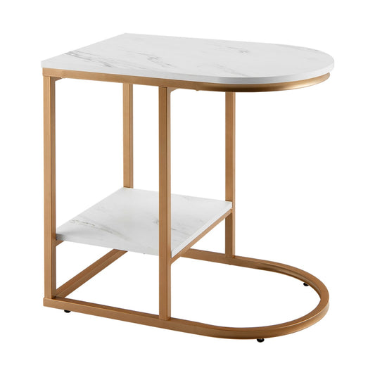 C-shaped Side Table with Faux Marble Tabletop and Golden Steel Frame, White - Gallery Canada