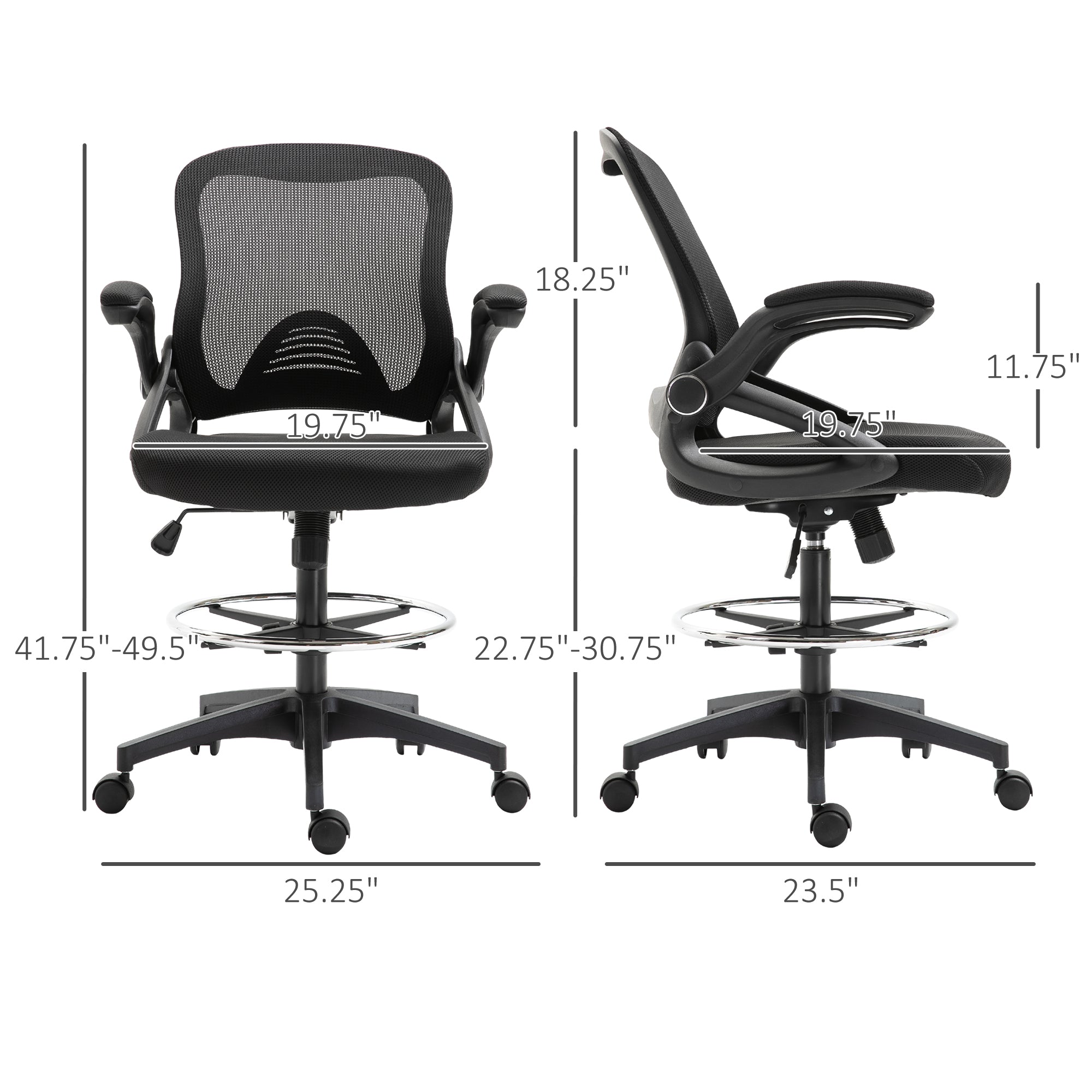 Adjustable Drafting Chair Tall Office Stand-Up Chair with Flip-up Armrest and Foot Ring, 360° Swivel, Black Task Chairs   at Gallery Canada