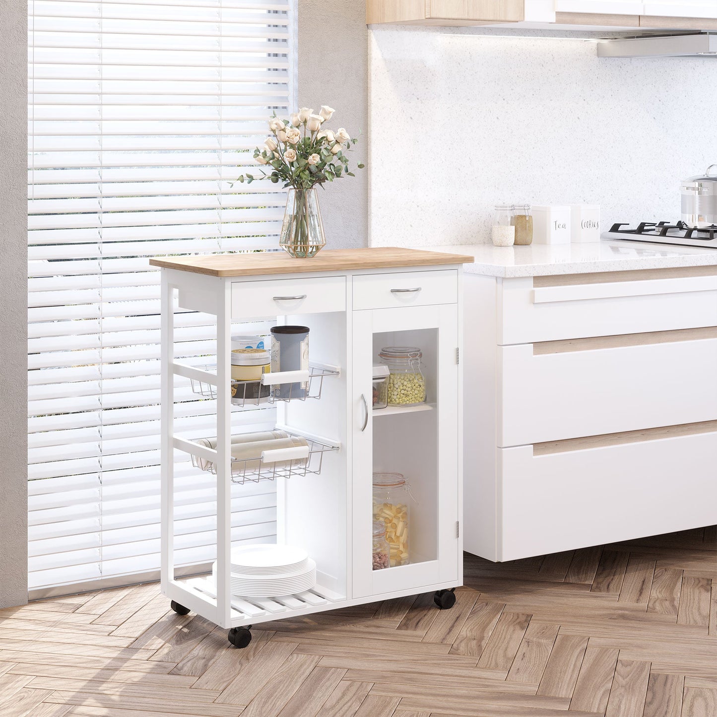 34" Rolling Wood Kitchen Trolley Serving Cart with Drawer and Cabinet Wheeled Kitchen Storage Island White with Bamboo Top Kitchen Islands & Kitchen Carts   at Gallery Canada