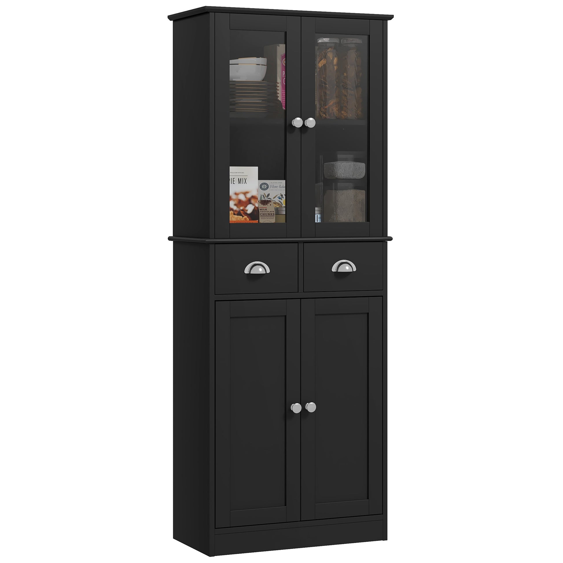 61" Kitchen Pantry Cabinet, Freestanding Farmhouse Storage Cabinet with Soft Close Glass Doors and Adjustable Shelves, Black Kitchen Pantry Cabinets   at Gallery Canada