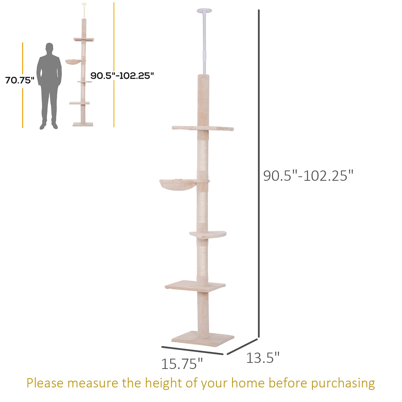 8.5ft Cat Climbing Tree 5-Tier Kitty Activity Center with Scratching Post Beige Floor to Ceiling Cat Trees at Gallery Canada