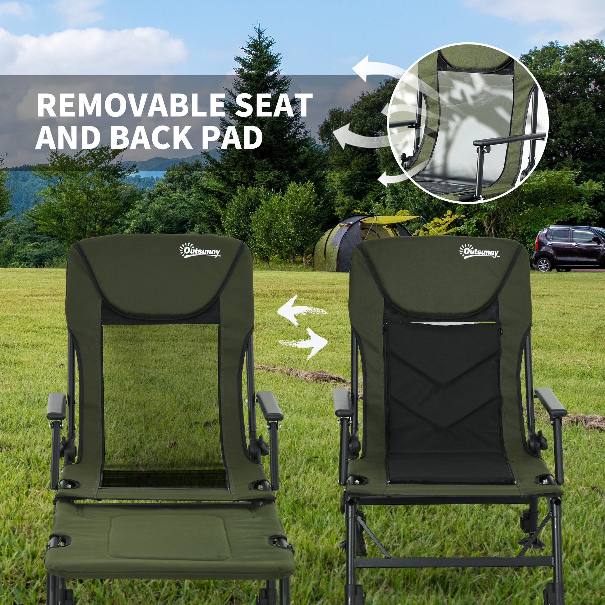 Folding Fishing Chair, 330 lb Heavy Duty Camping Chair with Reclining Backrest, Footrest, Adjustable Legs, Dark Green Picnic Tables & Camping Chairs   at Gallery Canada