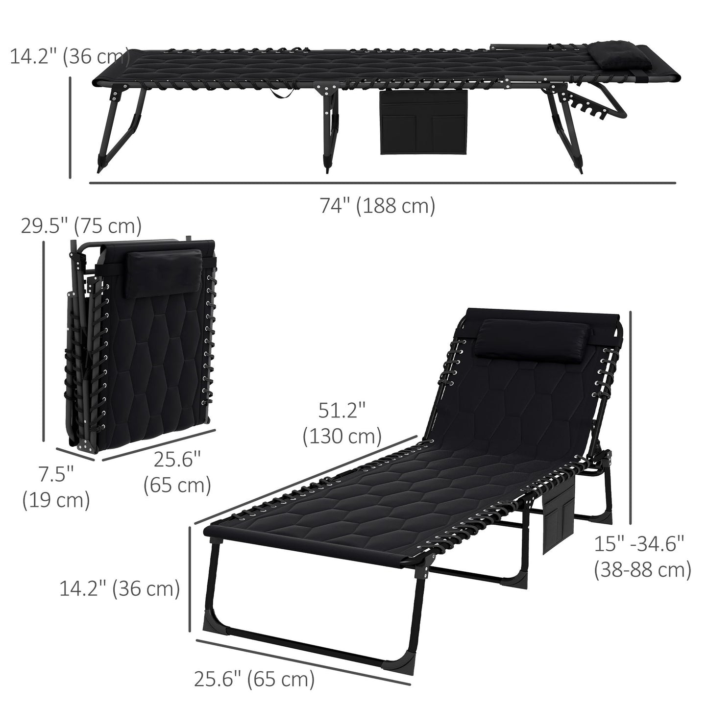 Folding Chaise Lounge with Reclining Back, 25.6" x 74" x 14.2", Black Lounger Chairs   at Gallery Canada