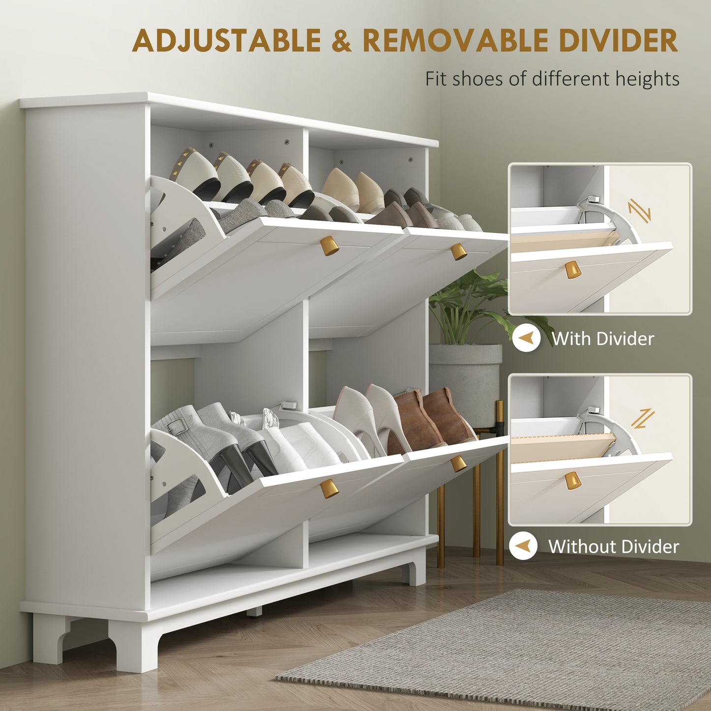 Modern Shoe Storage Cabinet, Narrow Shoe Cabinet with 4 Flip Drawers, Adjustable Shelves, 5 Legs for Entryway, White Shoe Storage Cabinets & Racks   at Gallery Canada