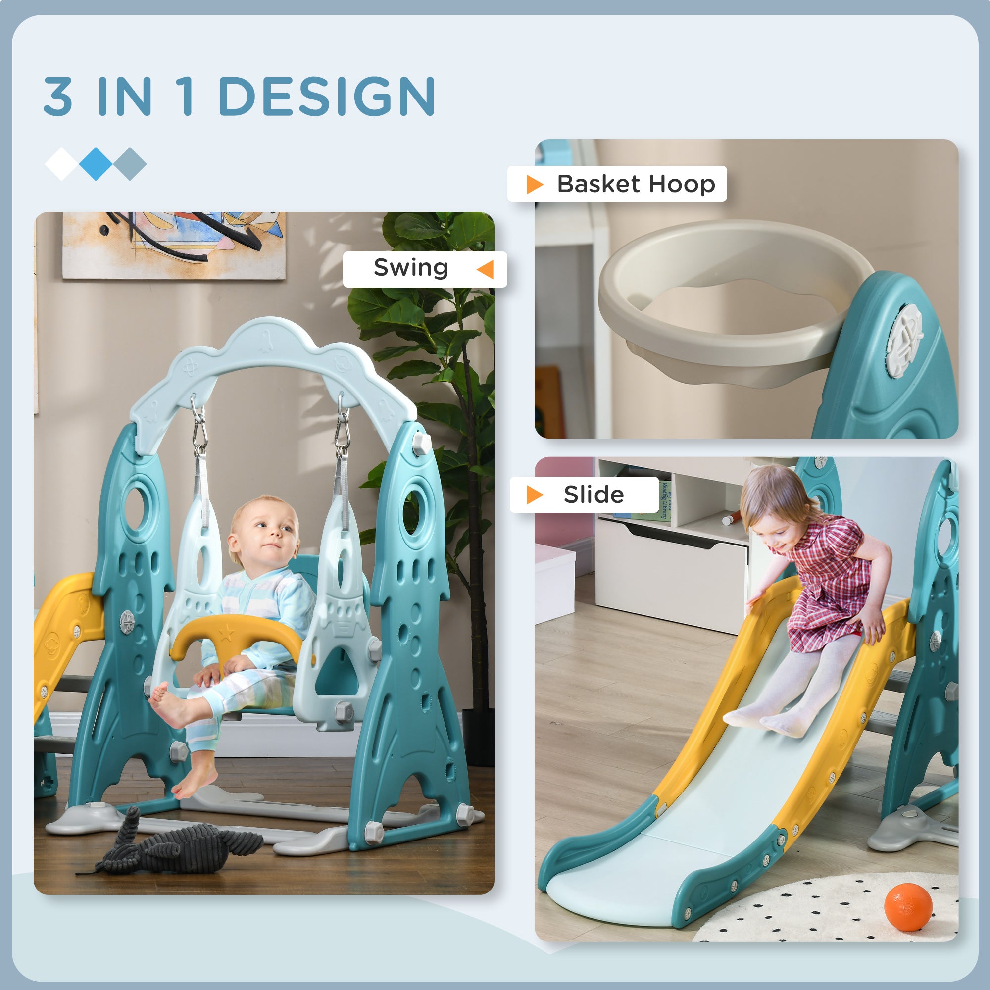 3 in 1 Kids Slide and Swing Set Indoor Playground w/ Basketball Hoop, Climber, Adjustable Swing, Light Blue Gym Sets & Swings   at Gallery Canada