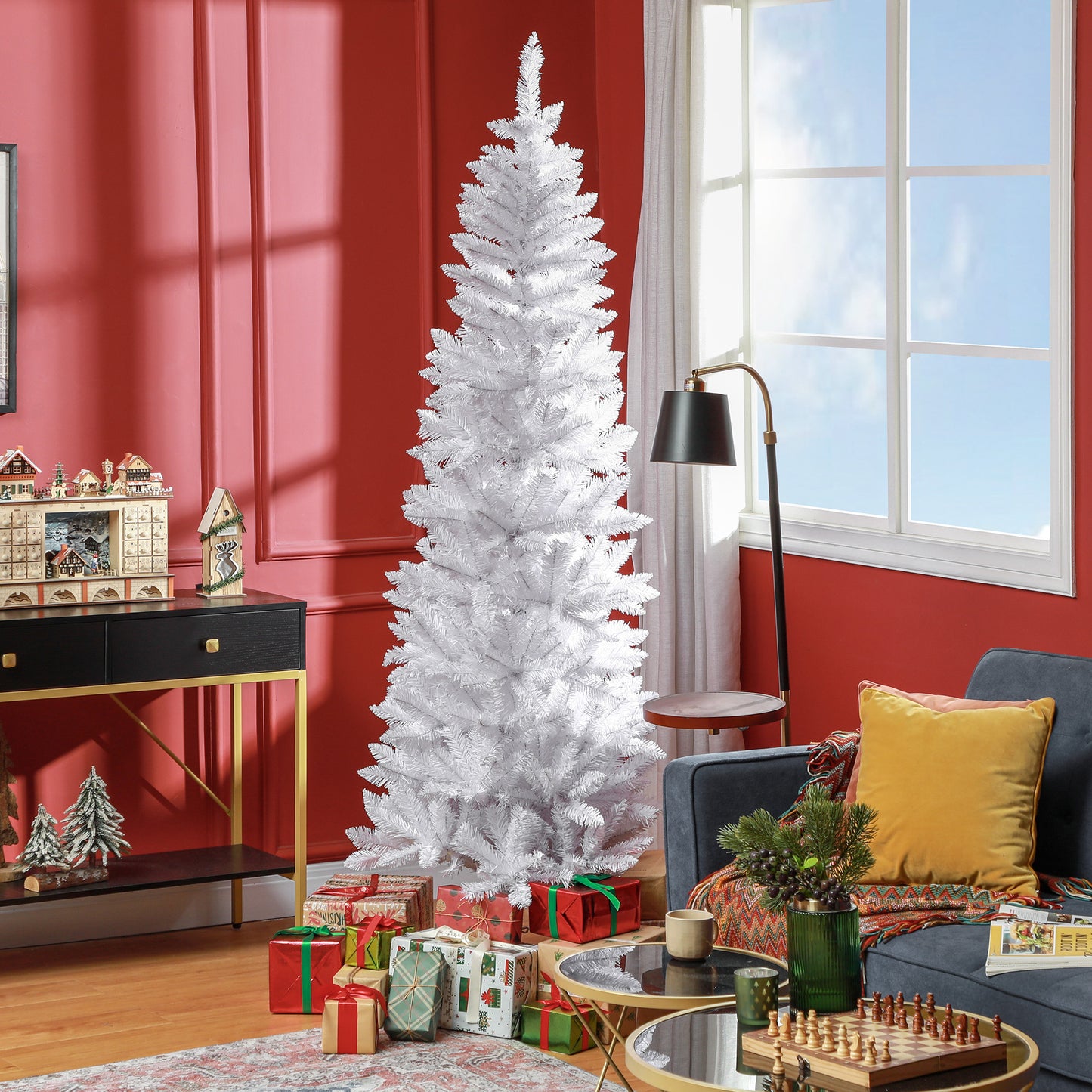 7ft Tall Pencil Artificial Christmas Tree with 687 Branch Tips with Steel Base, White Pencil Christmas Trees   at Gallery Canada