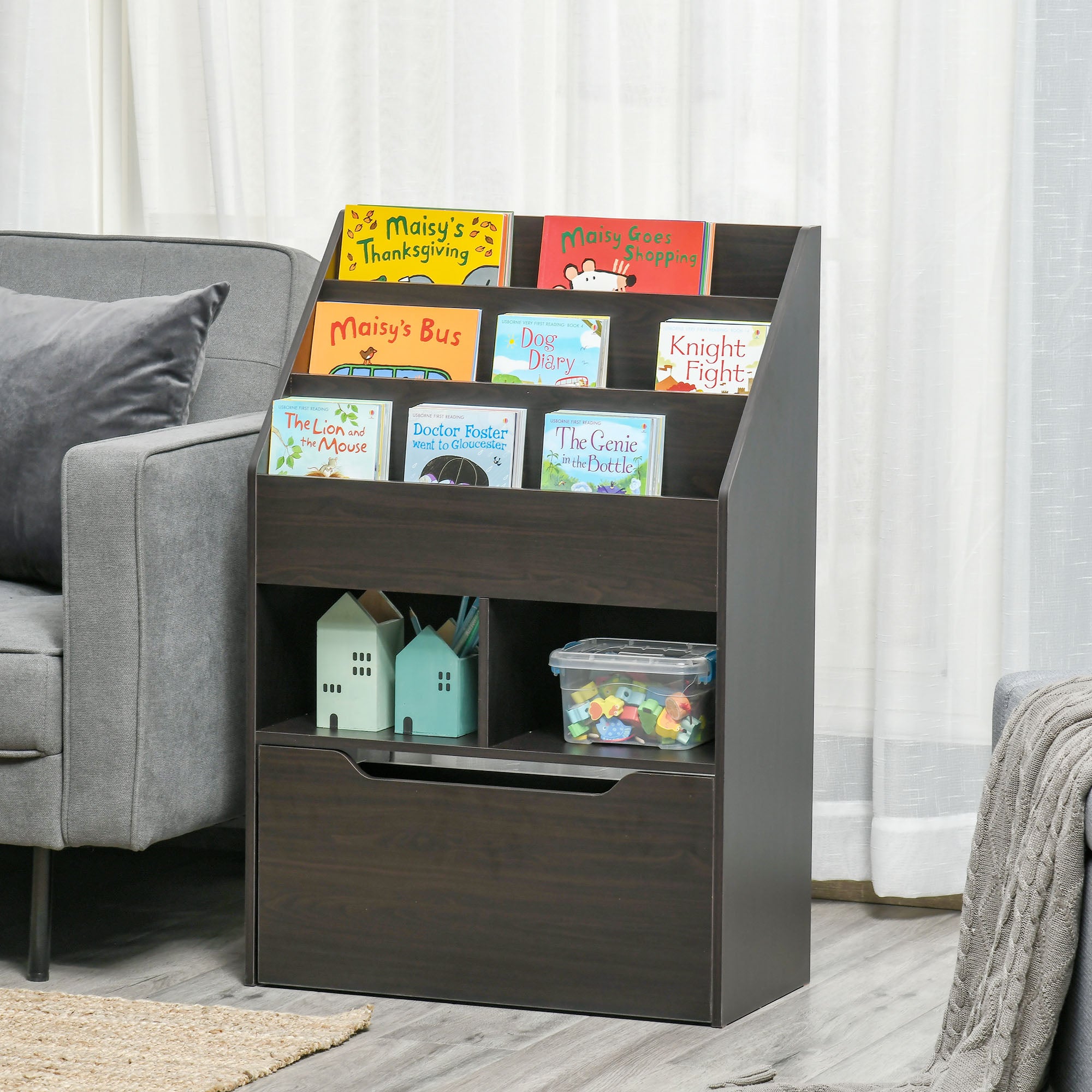 Kids Bookcase Multi-Shelf Rack Organizer with Storage Drawer for Books for Reading Nook, Classroom, Bedroom, Playroom, Brown Baby & Kids Storage at Gallery Canada