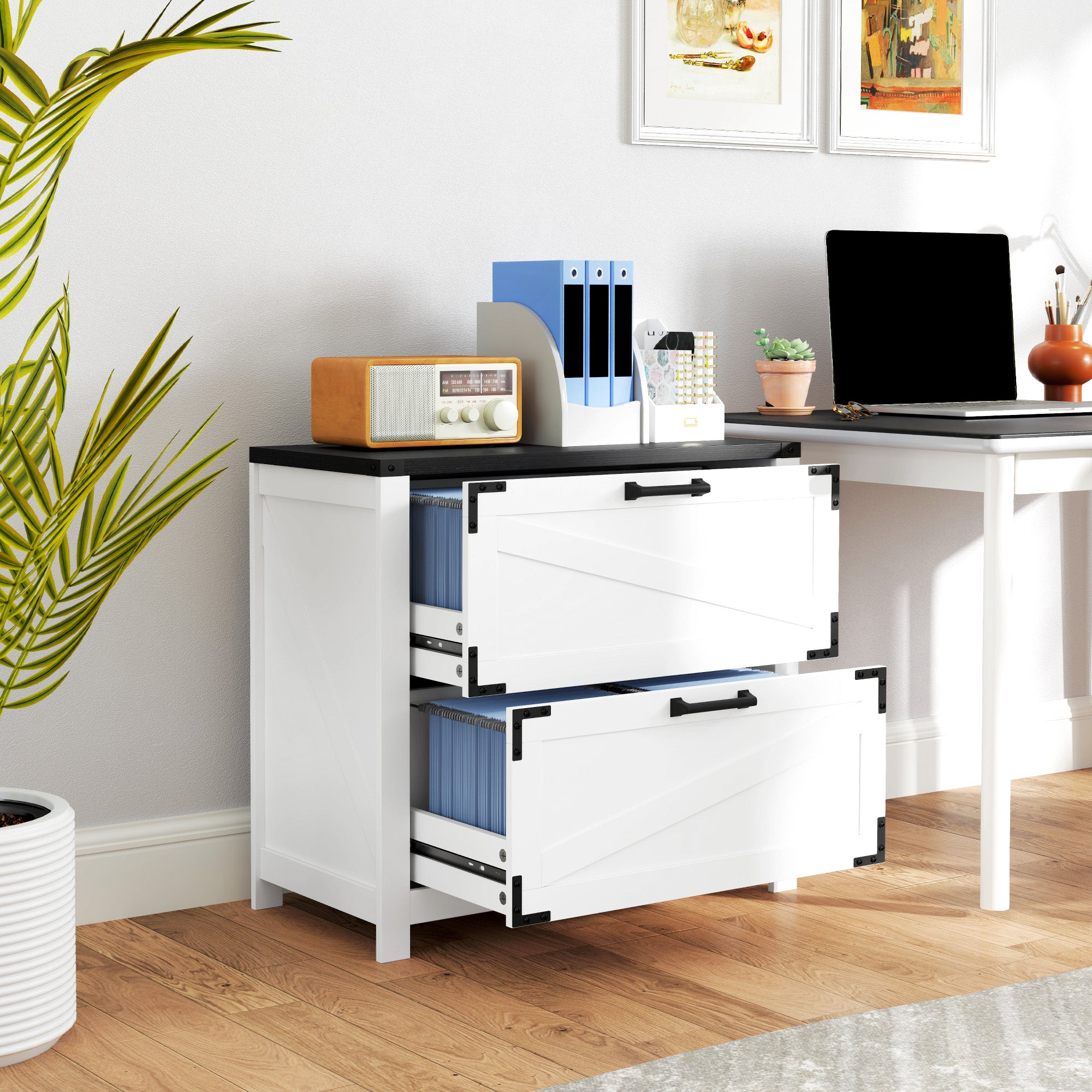 2 Drawer Filing Cabinet, Farmhouse Office Storage Cabinet with Adjustable Hanging Bars for Letter, A4, Legal Size, White Office Cabinets & Cupboards at Gallery Canada