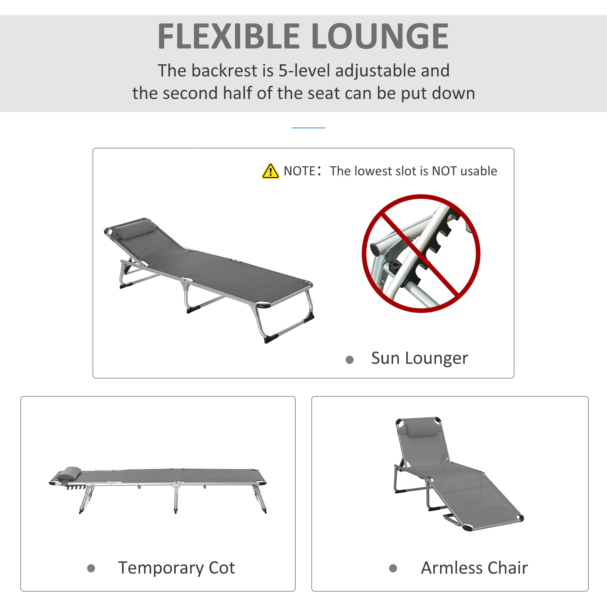 Folding Lounge Chair, Patio Lounger with Headrest, 5-Level Adjustable Backrest, and Aluminum Frame, Grey Lounger Chairs   at Gallery Canada