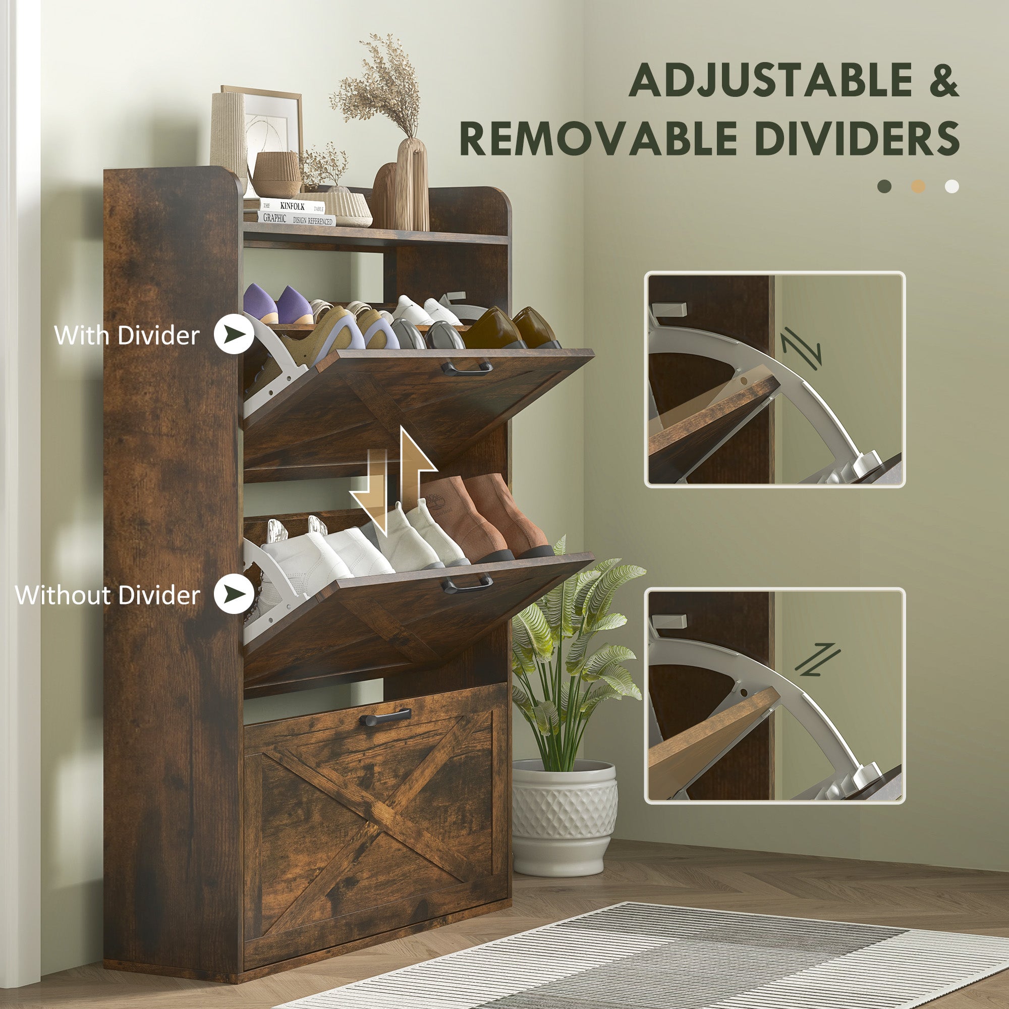Narrow Shoe Storage Cabinet Farmhouse Shoe Cabinet with 3 Flip Drawers Adjustable Shelves for Entryway Rustic Brown Shoe Storage Cabinets & Racks at Gallery Canada
