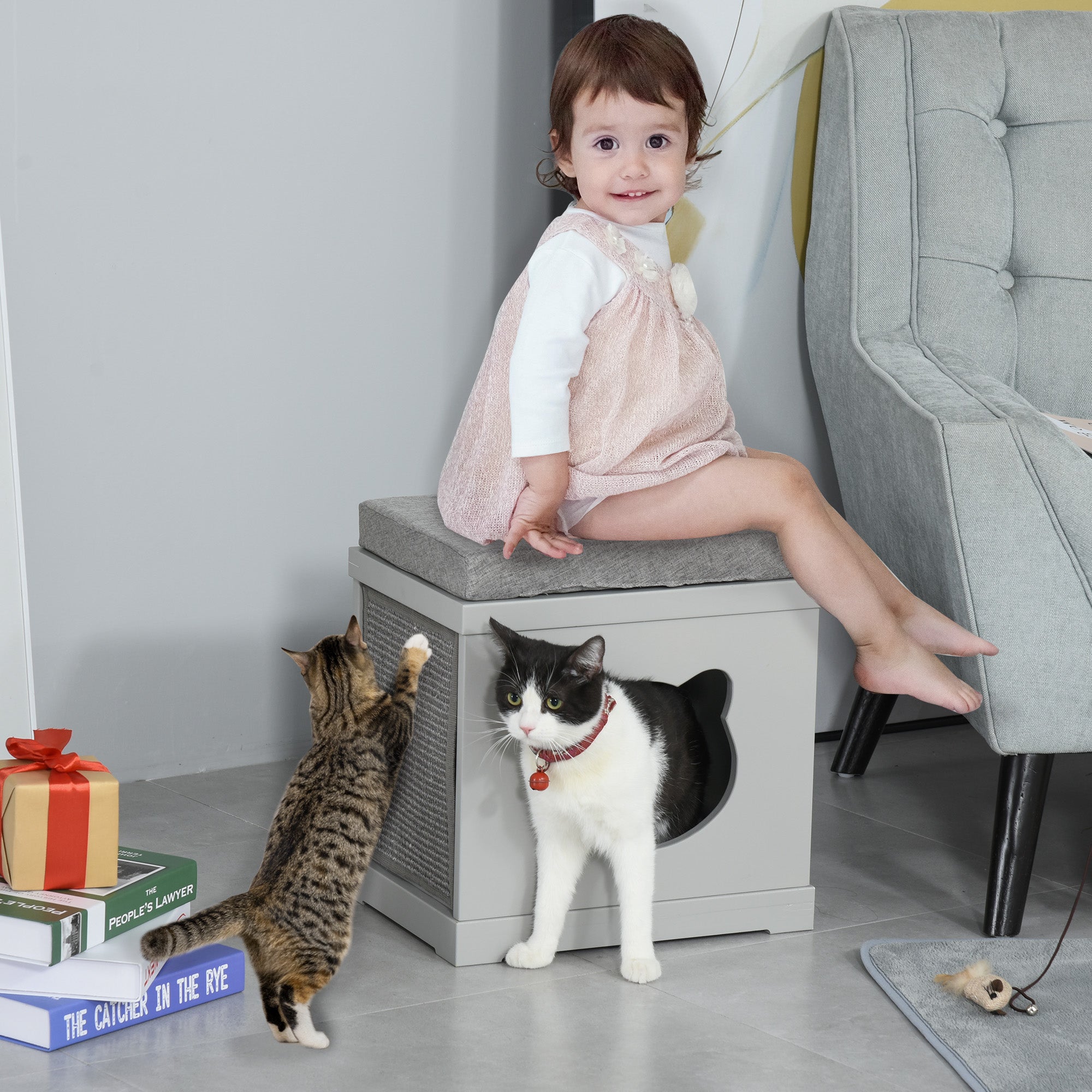 Indoor Cat Bed with 2 Exterior Scratching Boards, Cat Cube House with Removeable Cushions, 16