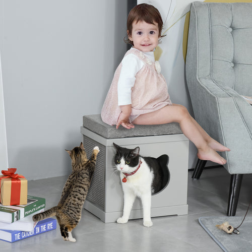 Indoor Cat Bed with 2 Exterior Scratching Boards, Cat Cube House with Removeable Cushions, 16