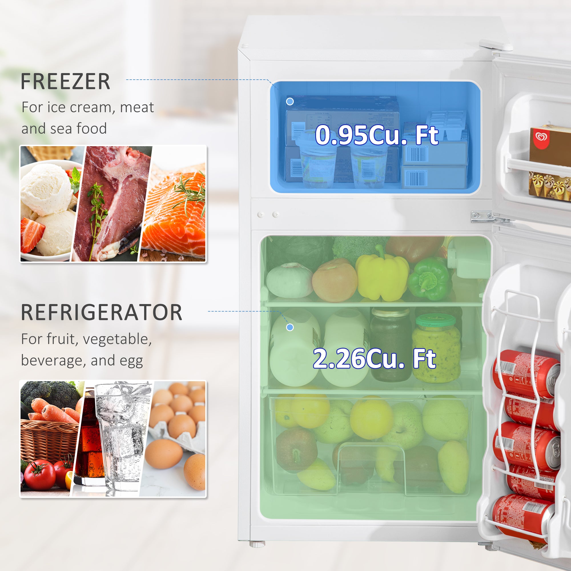 3.2 Cu Ft Compact Refrigerator, Mini Fridge with Freezer, Adjustable Shelves and Reversible Doors for Bedroom, White Small Kitchen Appliances at Gallery Canada