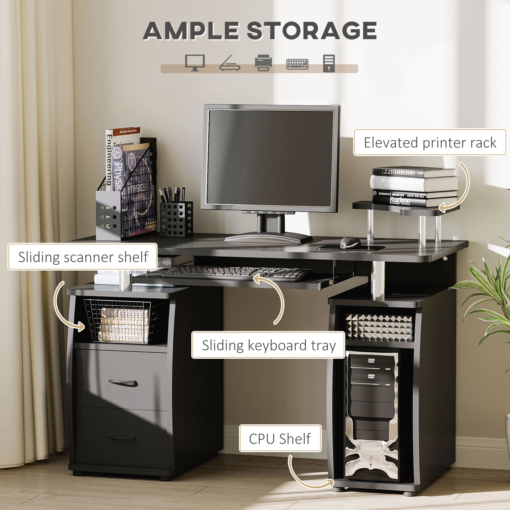 Computer Desk with Keyboard Tray, CPU Stand, Writing Desk with Drawers, Workstation for Home Office, Black Computer Desks at Gallery Canada