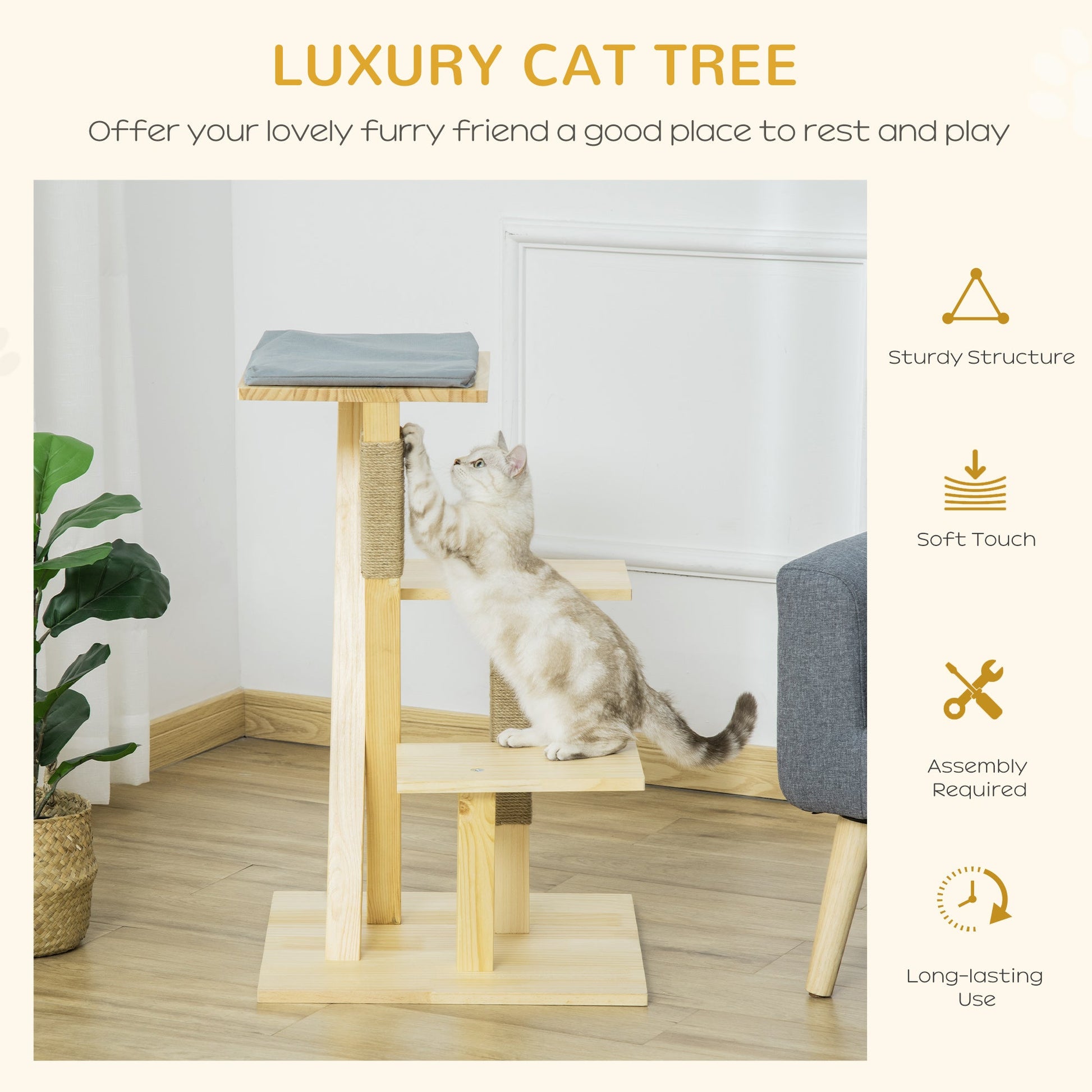 31" Cat Tree Kitty Activity Center Pinewood Cat Climbing Toy Indoor Outdoor Pet Furniture with Jute Scratching Post Perch Cushion Natural Cat Posts   at Gallery Canada