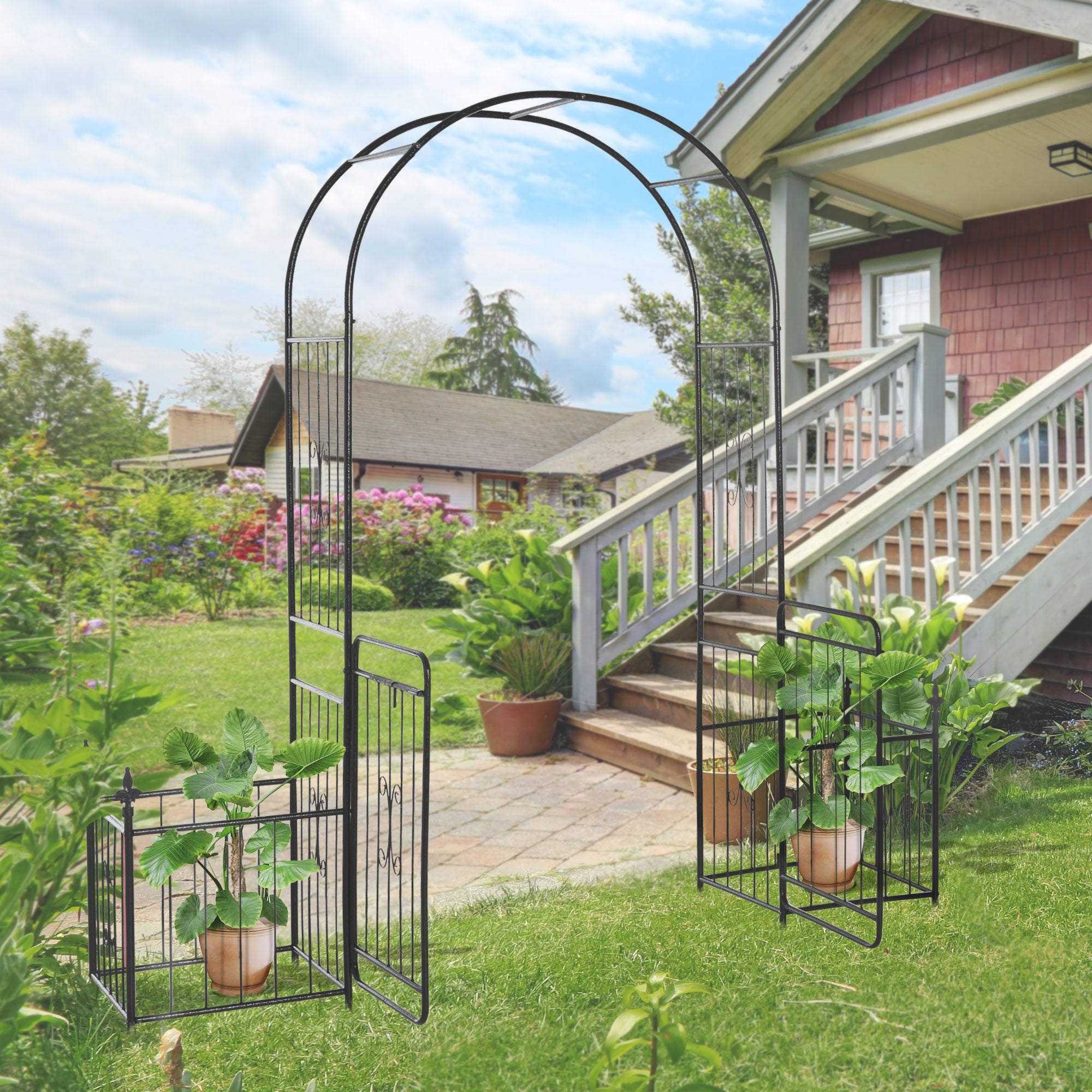 7.2FT Metal Garden Arbor Arch with Double Doors, 2 Side Planter Baskets, Climbing Vine Frame, Black Garden Arches at Gallery Canada