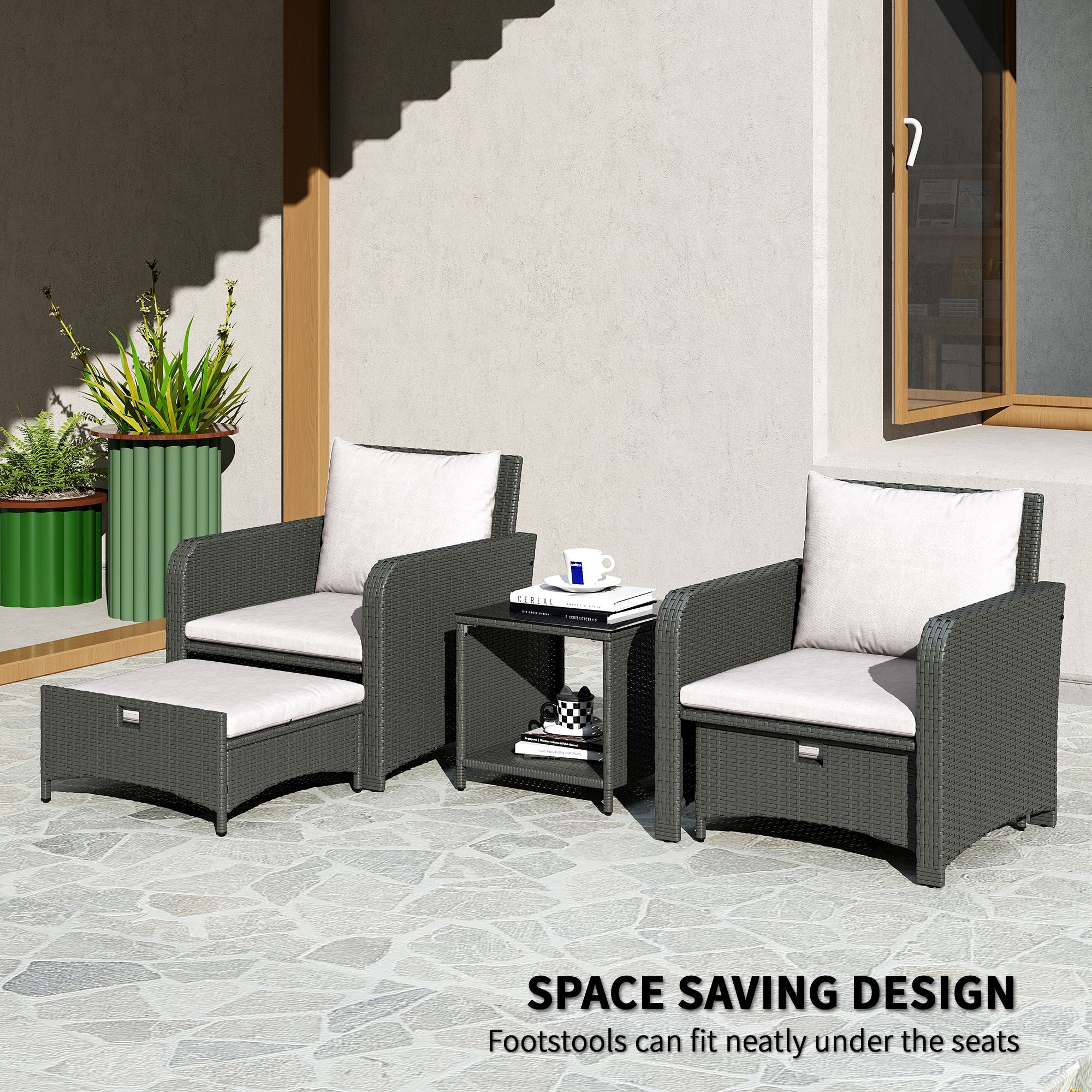 5 Piece Rattan Balcony Furniture Set, Wicker Outdoor Furniture Set with 2-Tier Coffee Table, Ottomans, Grey, Cream White Patio Furniture Sets at Gallery Canada