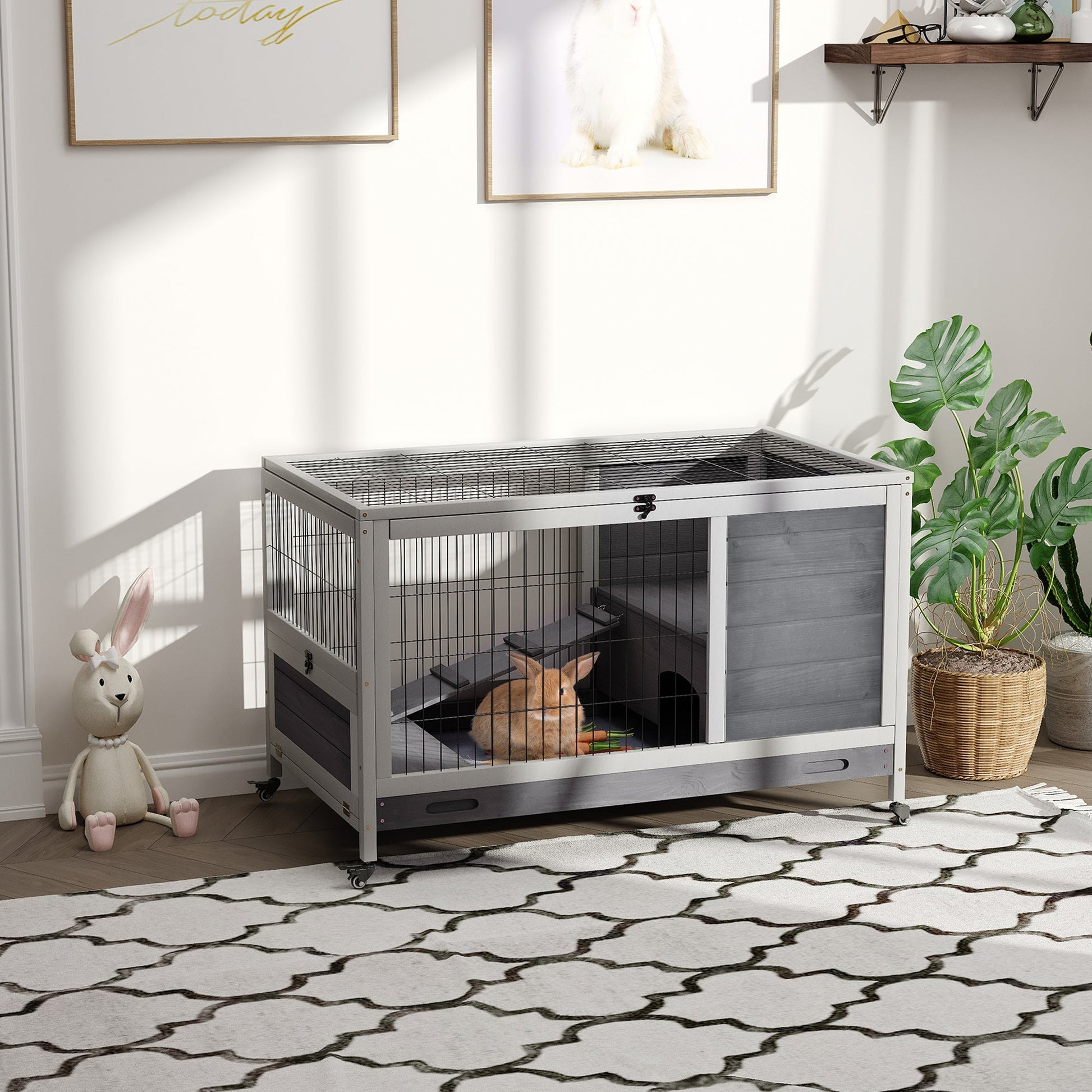 Wooden Indoor Rabbit Hutch Elevated Bunny Cage Habitat with Enclosed Run with Wheels, Ideal for Rabbits and Guinea Pigs, Grey Rabbit Hutch   at Gallery Canada