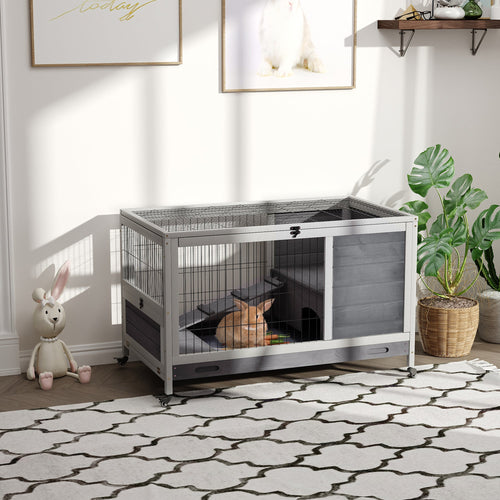 Wooden Indoor Rabbit Hutch Elevated Bunny Cage Habitat with Enclosed Run with Wheels, Ideal for Rabbits and Guinea Pigs, Grey