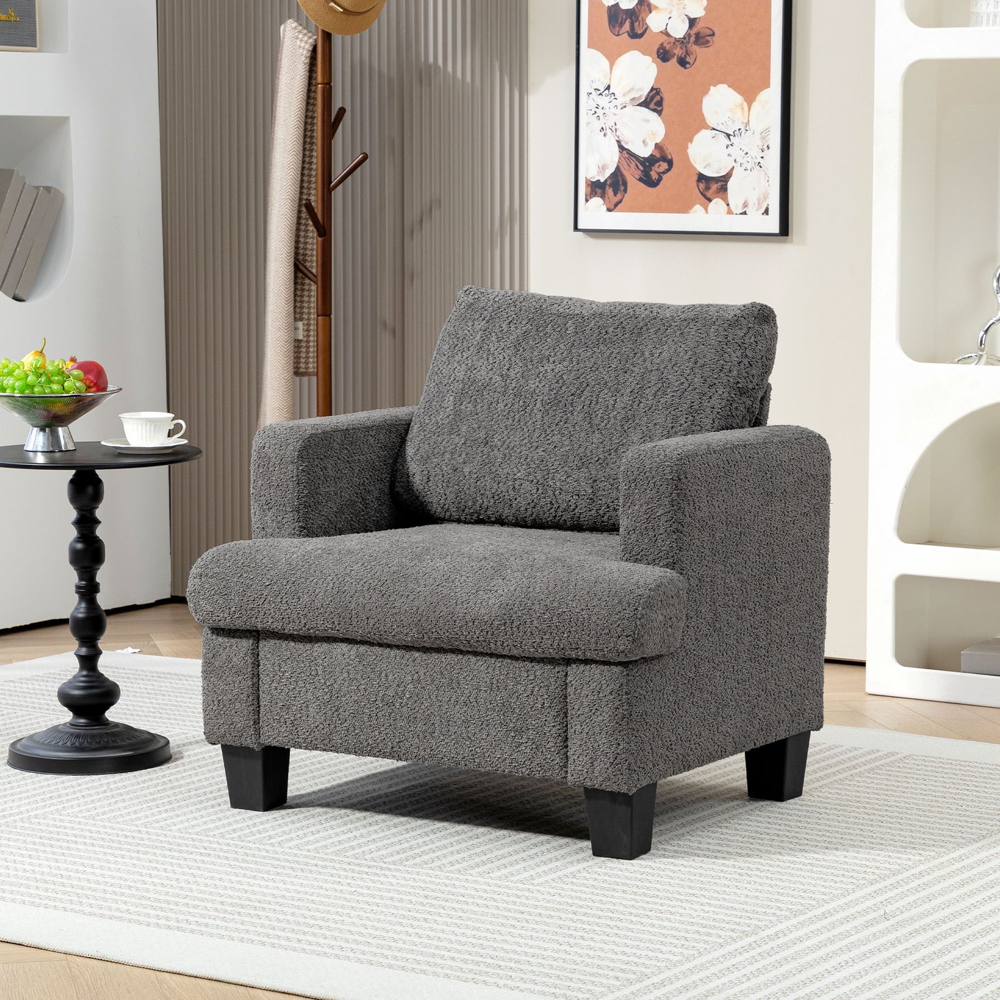 Modern Armchair, Upholstered Chenille Accent Chair with Wood Frame and Back Pillow for Living Room, Dark Grey Accent Chairs at Gallery Canada