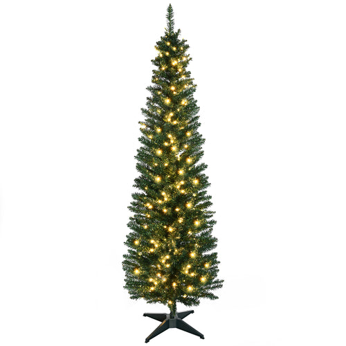 7' Pre Lit Artificial Pencil Christmas Trees, Xmas Tree with Realistic Branches and Warm White LED Lights, Green