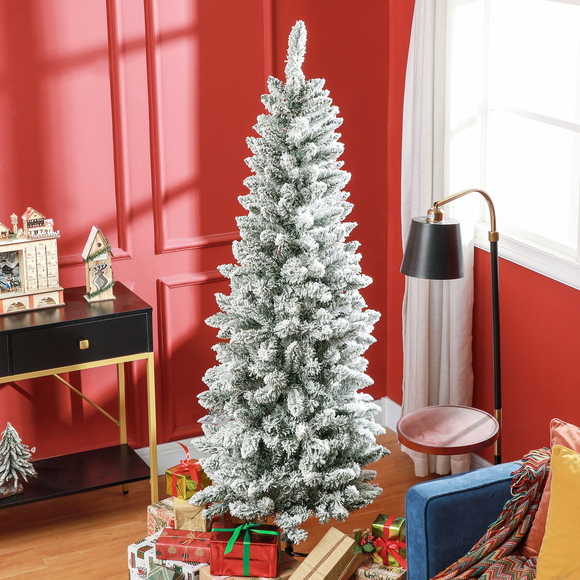 6ft Pencil Christmas Tree, Flocked Tree with 479 Branch Tips and Metal Base for Home, Indoor, Holiday Pencil Christmas Trees Green  at Gallery Canada