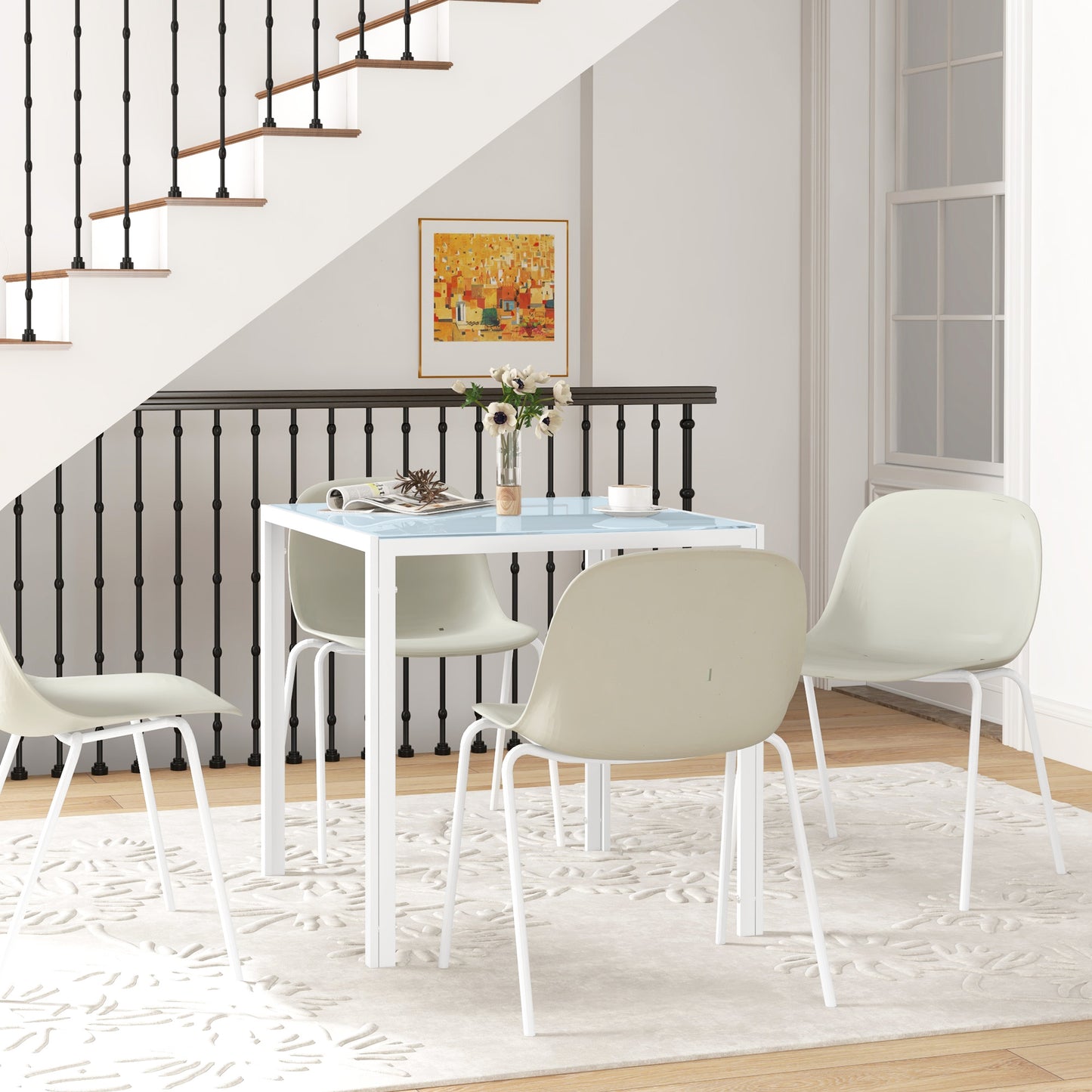 Square Kitchen Table for 2-4 People, Dining Table with Glass Top and Steel Legs for Dining Room, White Dining Tables   at Gallery Canada