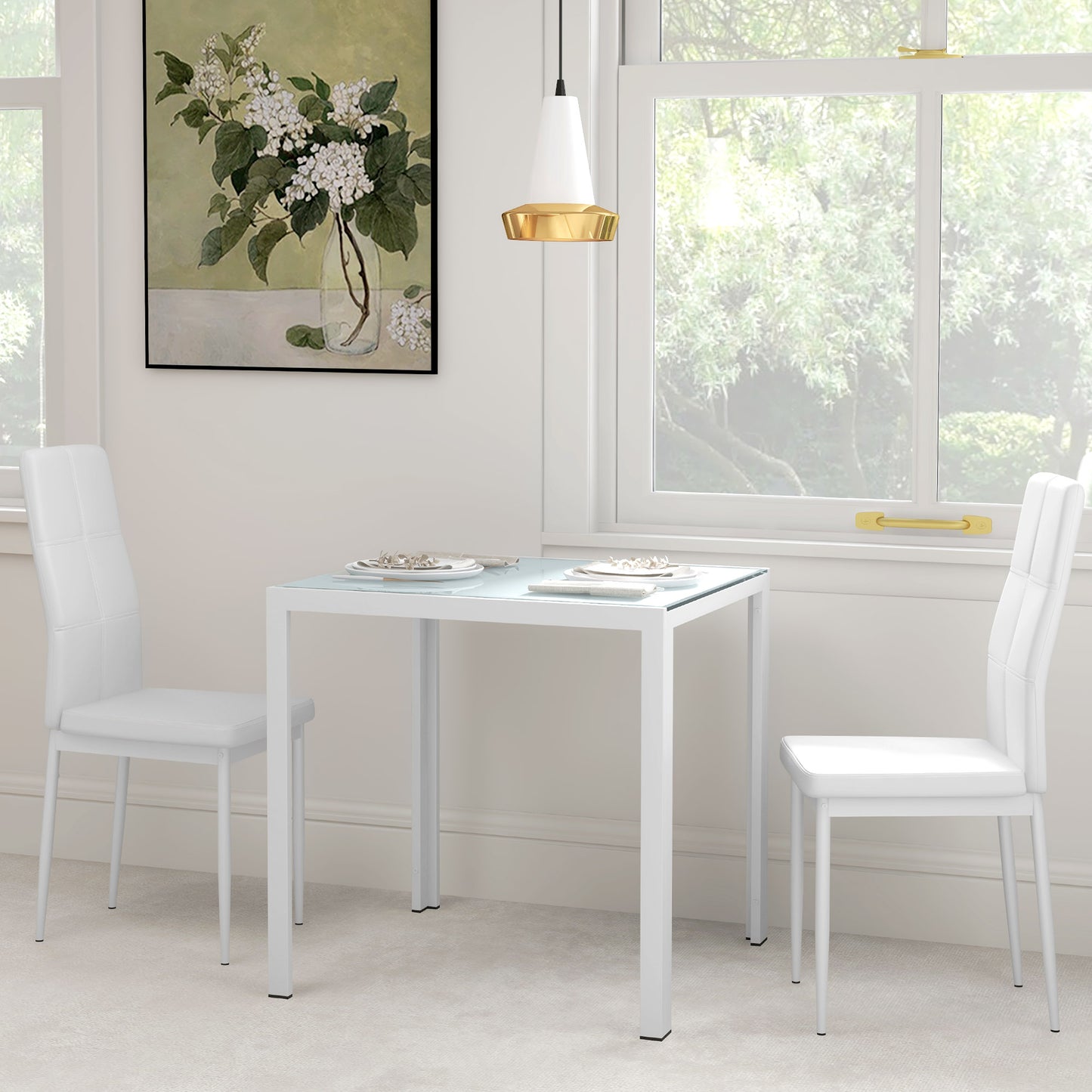 3-Piece Rectangular Glass Kitchen Table and Chairs with Metal Frame and Faux Leather Upholstery for Dining Room, White Bar Sets   at Gallery Canada