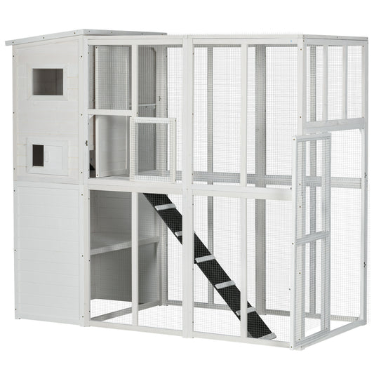 68.7" H Cat Cage Large Wooden Outdoor Cat House with Large Run for Play, Catio for Lounging, and Condo Area for Sleeping, White Outdoor Cat Enclosures   at Gallery Canada