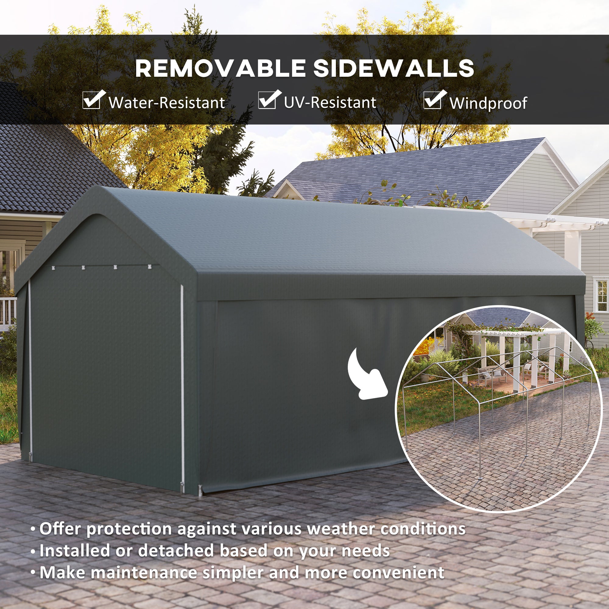 Carport, 10 x 20 ft Portable Garage with 2 Roll-Up Doors and Removable Sidewalls for Car, Truck, Boat, Dark Grey Car Shelters at Gallery Canada