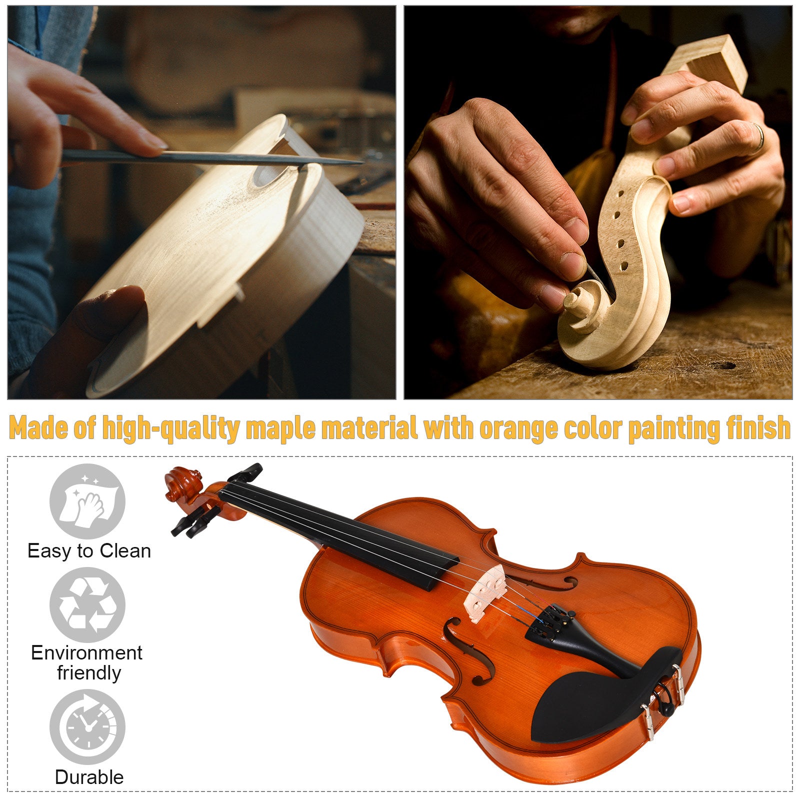 4/4 Violin Maple Wood Full Set of Accessories Storage Box, Orange Electronic Musical Pianos at Gallery Canada