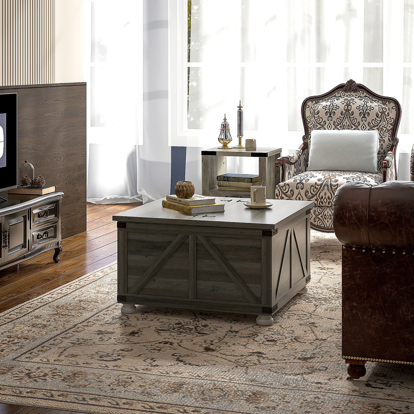 Farmhouse Coffee Table, Square Center Table with Flip-top Lids, Hidden Storage Compartment and Wooden Legs, Grey Coffee Tables   at Gallery Canada